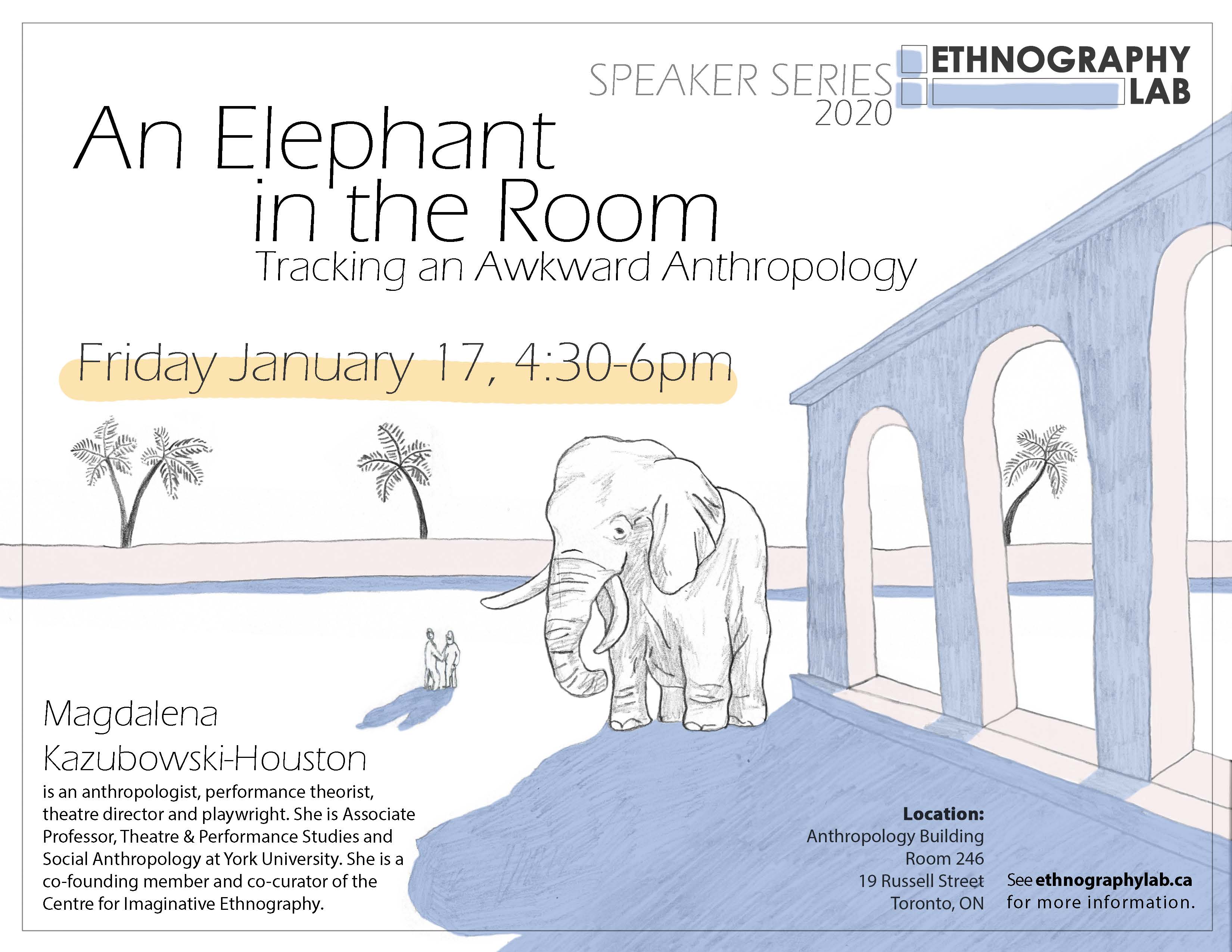 Poster featuring an elephant standing beside columns and arches