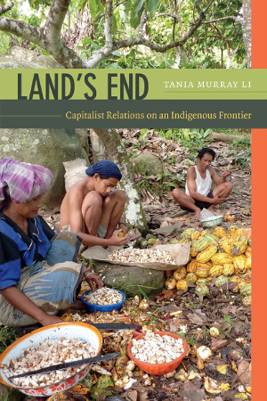 Book Cover for Land's End, featuring a woman and two men sitting on the ground with bags and bowls of produce